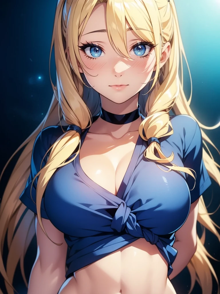 1girl, solo, portrait of a woman with blonde hair, long flowing pigtails, wearing a blue shirt, wearing a t-shirt, shirt tied in a shirt knot, exposed navel, anime illustration, anime girls, vivid colors, detailed facial features, dramatic lighting, digital painting, trending on ArtStation