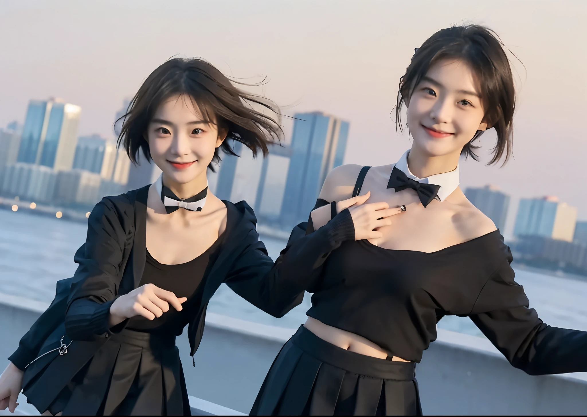 (masterpiece, best quality,extreme detAIled beautiful Eye), Optimal lighting, Perfect lighting,Look at the audience, (1 girl, Solitary,sky, City:1.3),NanasakiAI,Nanasaki_AI,
(whole body,Dynamic Angle,Dynamic poses,Smile,shining_Eye:1.2),(long_sleeve,Black_jacket,jacket,School_,Gibito_High target_School_:1.2),
(short_hAIr,Large target_breast,clavicle:1.2),Black_bow tie,Black_skirt,Wrinkles_skirt,White_shirt
