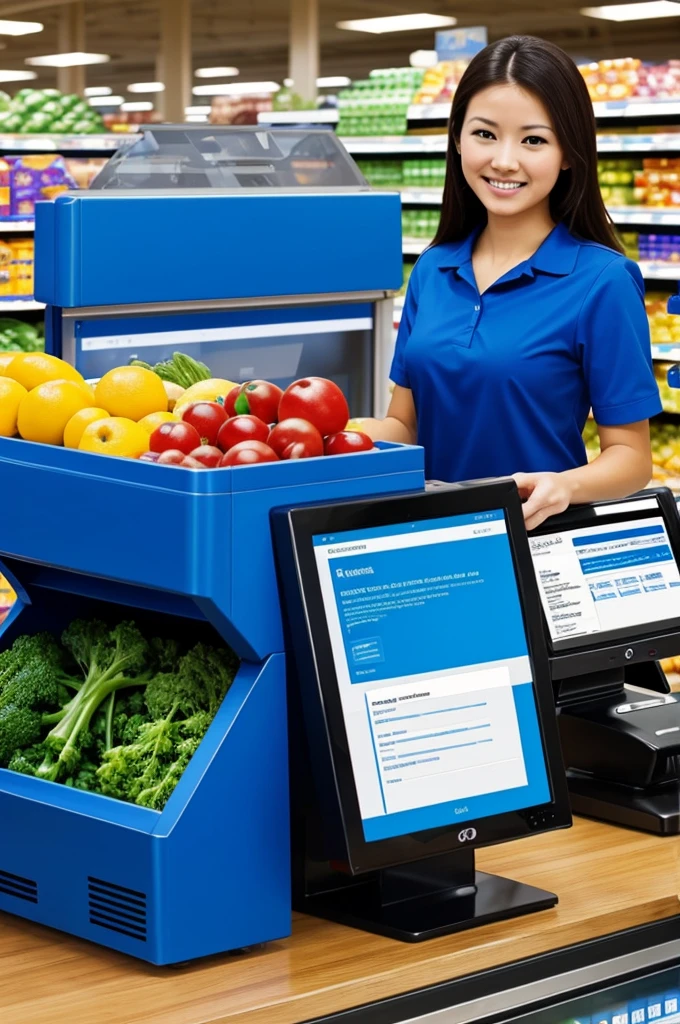 Best Quality, Can you give me an employee using a point of sale on a computer with blue backgrounds in a grocery store 