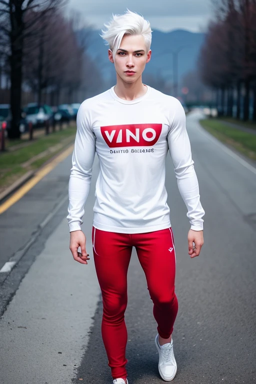 Young man,White hair,Red eyes,sports long sleeve,sport pants,white sneakers