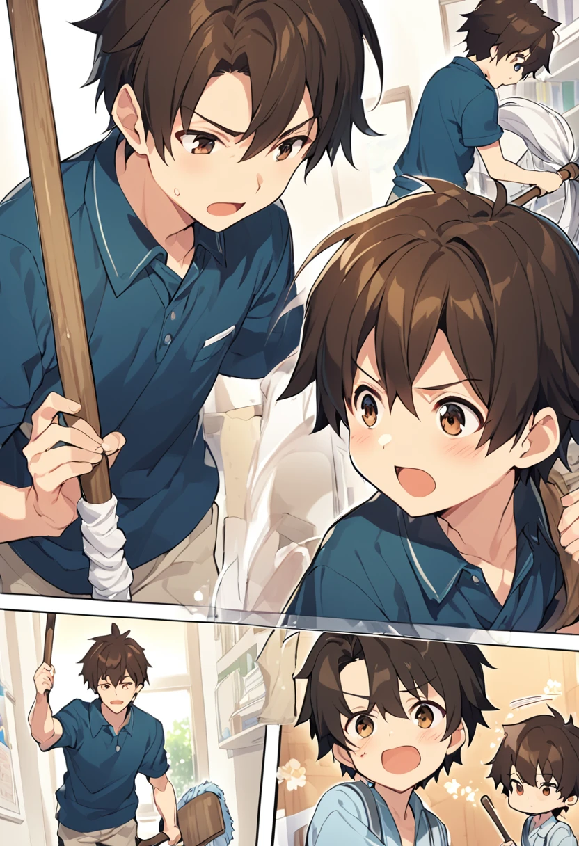 Cartoon man with a broom, Man with a broom, 床をcleaningする, juvenile, doing hard work, Using a broom, High quality illustrations, , classroom、boy、cleaning、cleaning当番、housework、anime, 一人のboy, Handa Shinichi, Brown Hair, Brown eyes, 