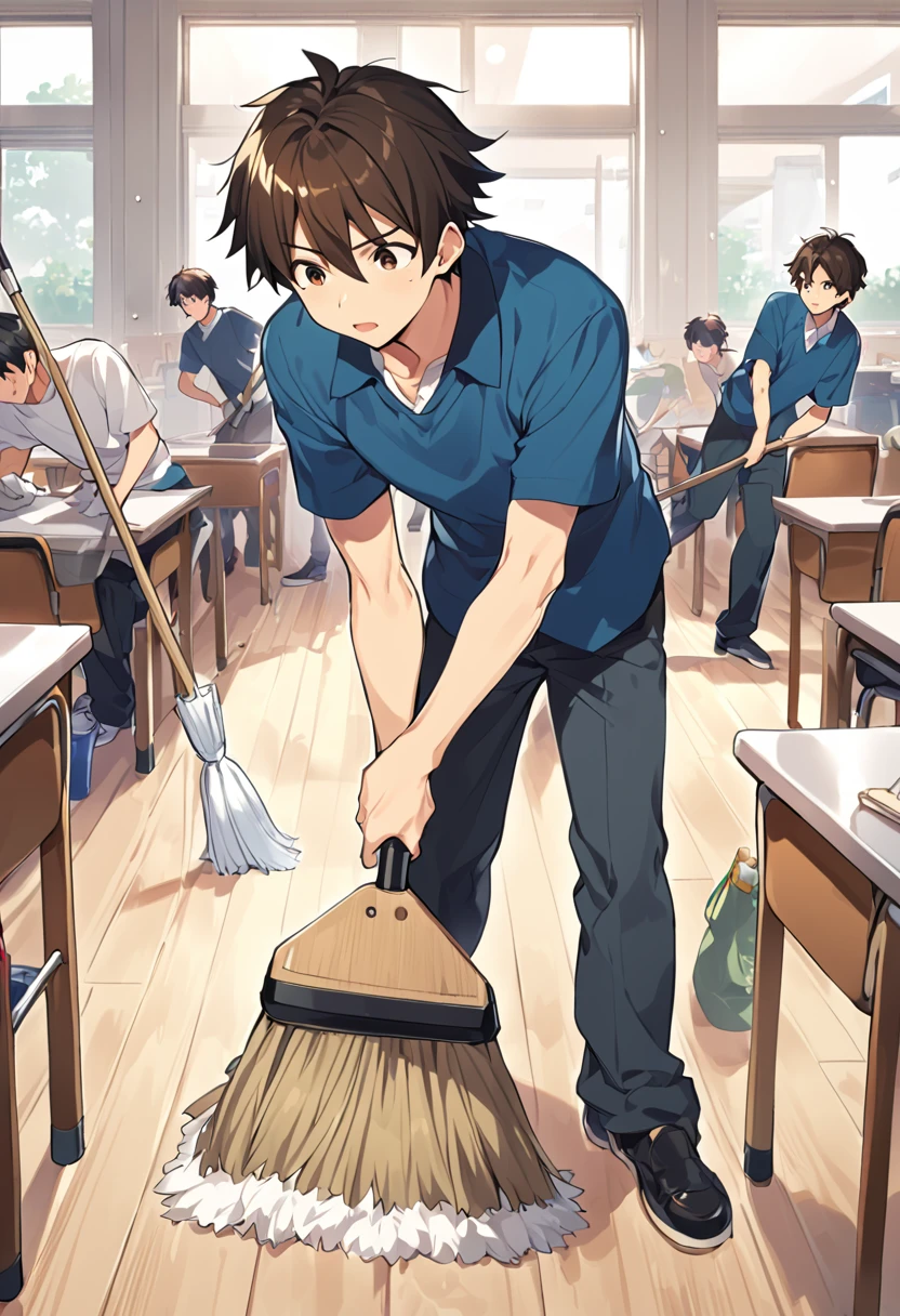Cartoon man with a broom, Man with a broom, 床をcleaningする, juvenile, doing hard work, Using a broom, High quality illustrations, , classroom、boy、cleaning、cleaning当番、housework、anime, 一人のboy, Handa Shinichi, Brown Hair, Brown eyes, 