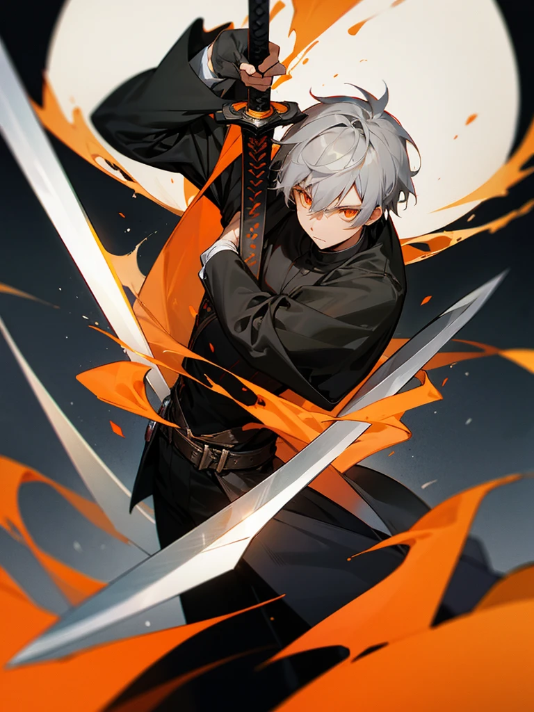 Male character with gray hair and orange eyes and with sword and black clothes 