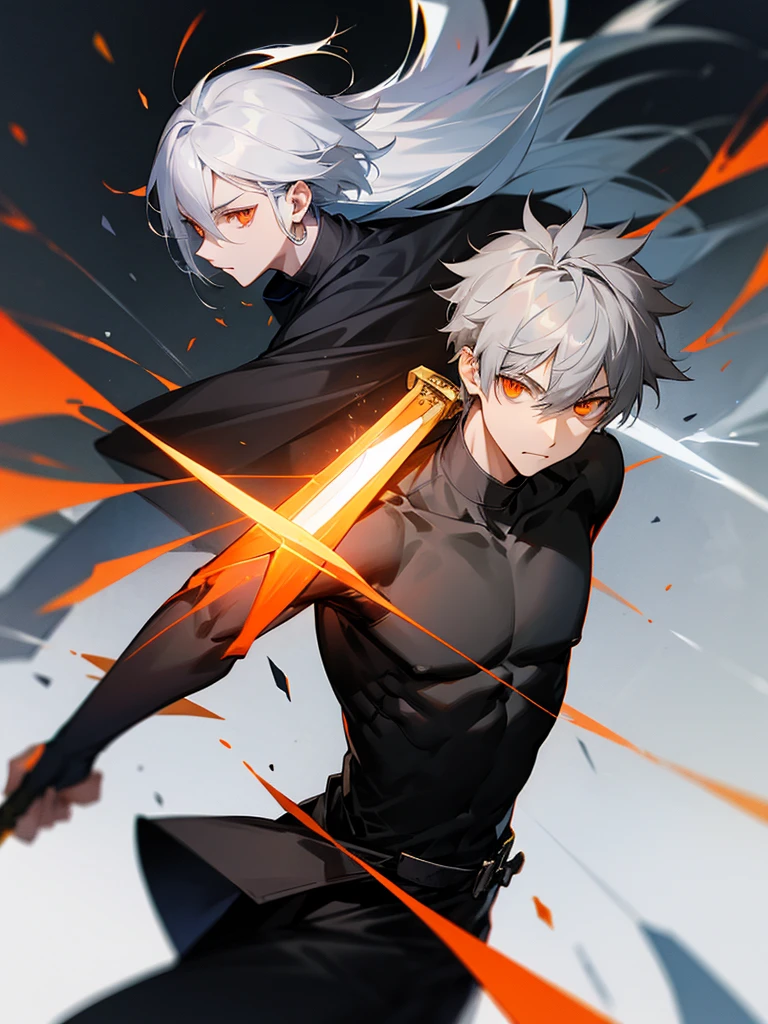 Male character with gray hair and orange eyes and with sword and black clothes