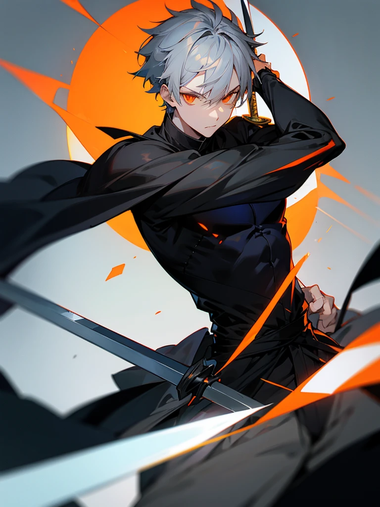 Male character with gray hair and orange eyes and with sword and black clothes 