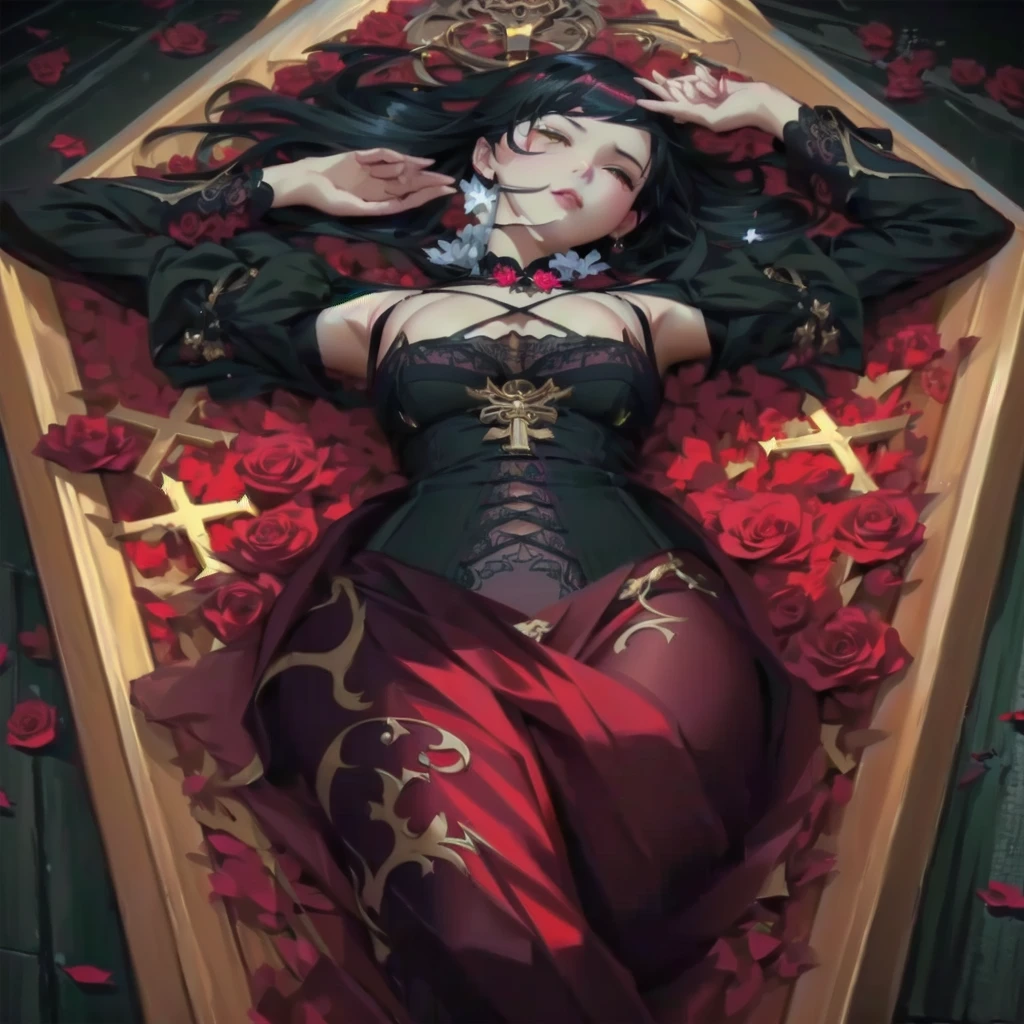 a woman laying in a coffin with roses and crosses, guweiz, extremely detailed artgerm, valentina remenar, guweiz masterpiece, artwork in the style of guweiz, cushart krenz key art feminine, rossdraws sakimimichan, artgerm detailed, artgerm lau, krenzcushart