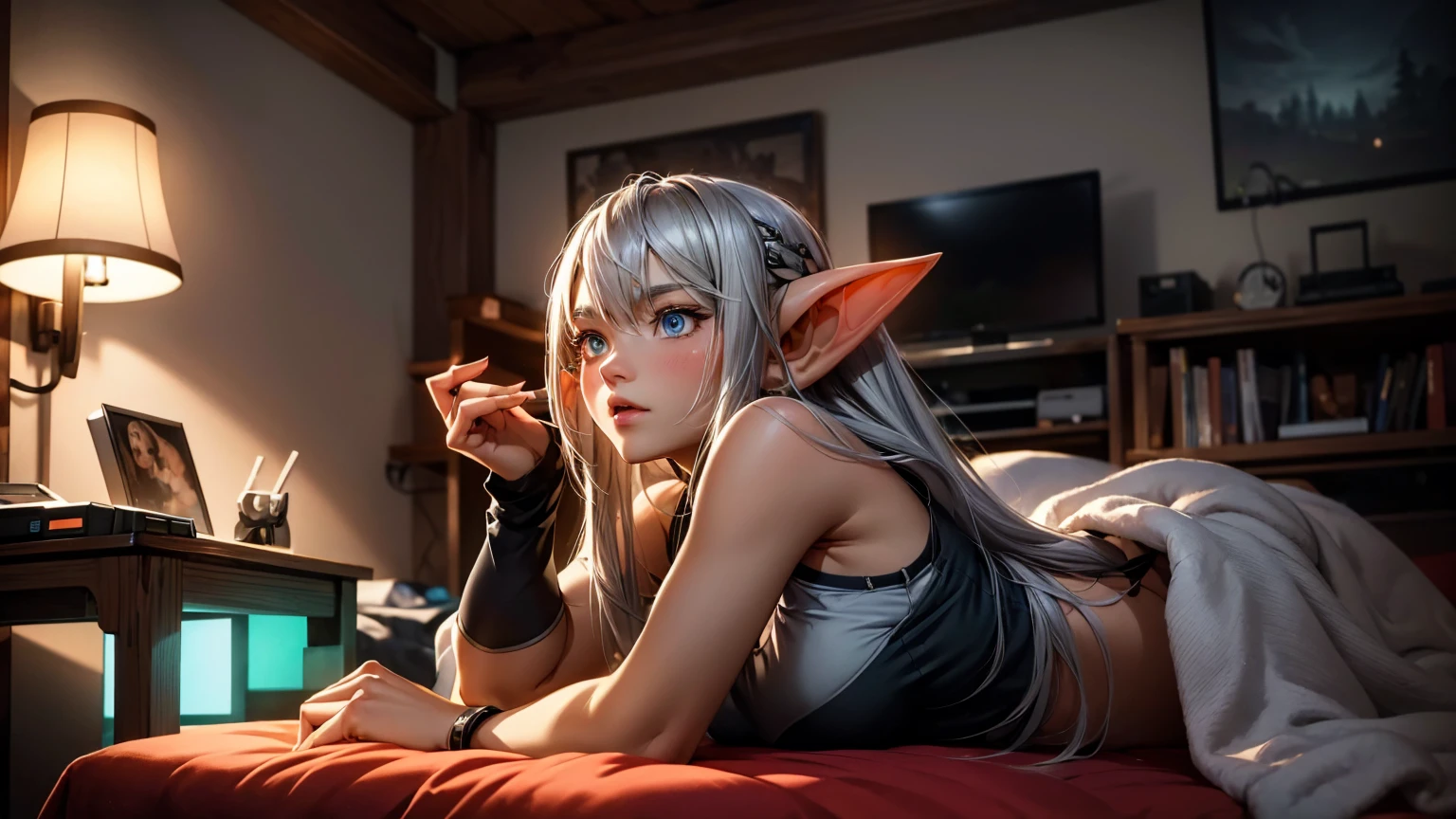 Create a high-quality, detailed image of a beautiful, anime gamer girl with tattoos and long hair, beautiful eyes, and small elf ears, sitting at her gaming PC in her gaming room. She is wearing a see through tank top, barely showing her nipples, and sleep shorts, showing her midriff, highlighting her stunning curves. The warm, inviting scene includes soft ambient lighting, comfortable seating, The setting is illuminated by a small lamp, creating a serene and intimate atmosphere