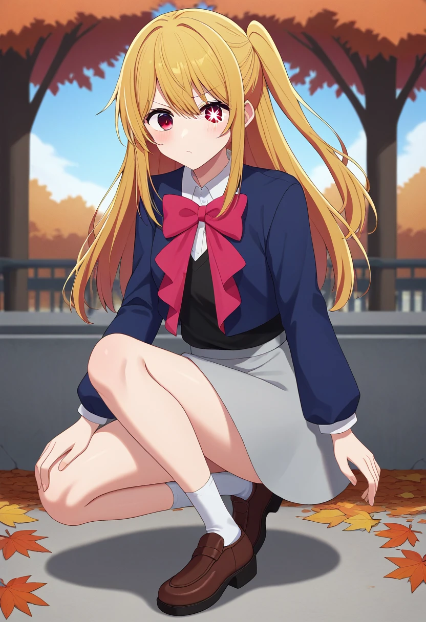 score_9, score_8_up, score_7_up, BREAK source_anime, 1girl, hoshino ruby, blonde hair, long hair, one side up, red eyes, mismatched pupils, star-shaped pupils, , red bow, grey skirt, raised eyebrow, one knee, autumn 