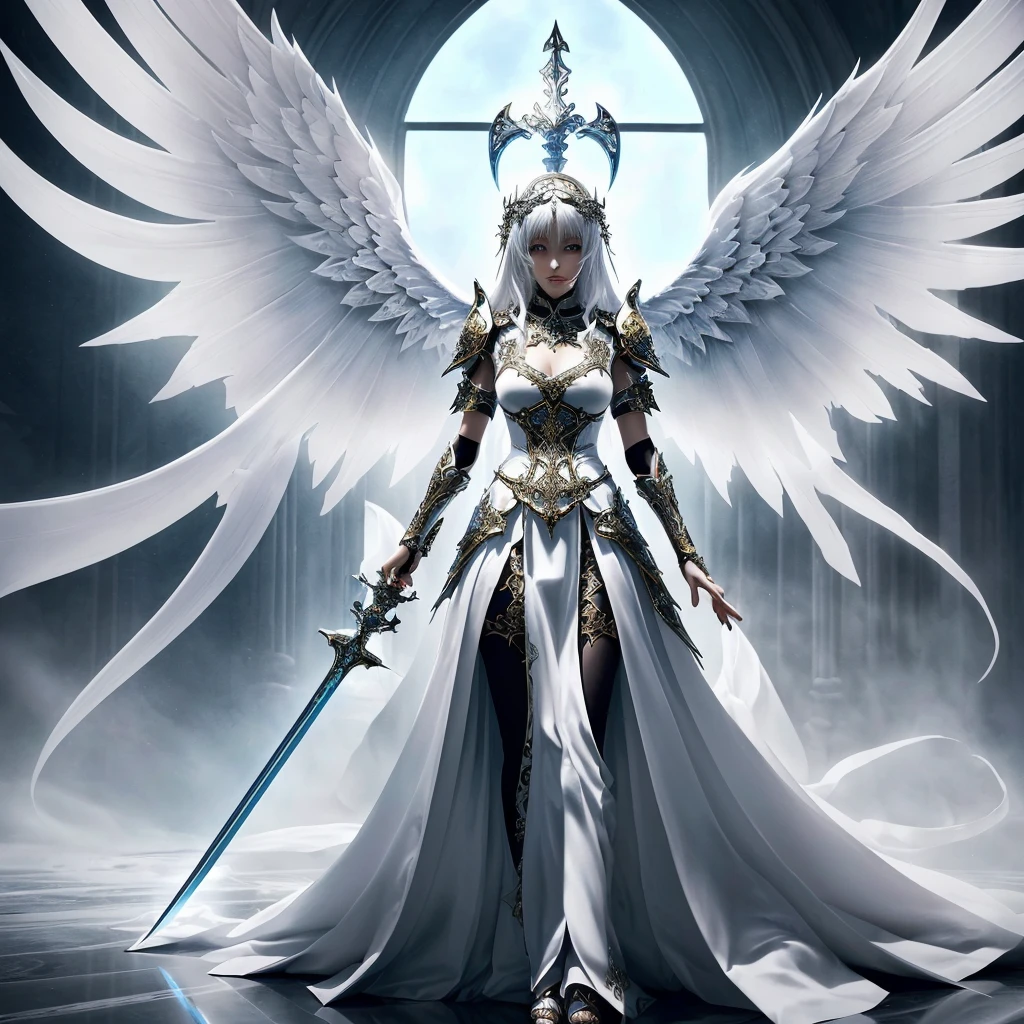 a woman in a white dress holding a sword and a sword, intricate ornate anime cgi style, girl angel knight, anime fantasy artwork, Angel Knight Gothic Girl, 2. 5 d cgi anime fantasy artwork, beautiful fantasy anime, highly detailed fantasy art, epic anime art, detailed fantasy art, elegant cinematic fantasy art, breathtaking fantasy art, epic angel wings, beautiful fantasy art