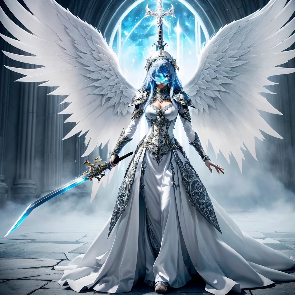 a woman in a white dress holding a sword and a sword, intricate ornate anime cgi style, girl angel knight, anime fantasy artwork, Angel Knight Gothic Girl, 2. 5 d cgi anime fantasy artwork, beautiful fantasy anime, highly detailed fantasy art, epic anime art, detailed fantasy art, elegant cinematic fantasy art, breathtaking fantasy art, epic angel wings, beautiful fantasy art