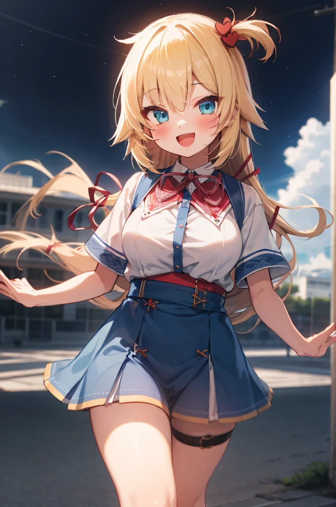 masterpiece, akai haato, ho****ve, 1girl, bangs, blonde hair, blue eyes, blush,big breasts, collared shirt, hair between eyes, hair ornament,heart, heart hair ornament, long hair, , neck ribbon, one side up, red ribbon, ribbon, shirt, short sleeves, sidelocks, simple background, smile, solo, sparkle, virtual youtuber, white background, white shirt, cowboy shot, :d, blue skirt,v,waving