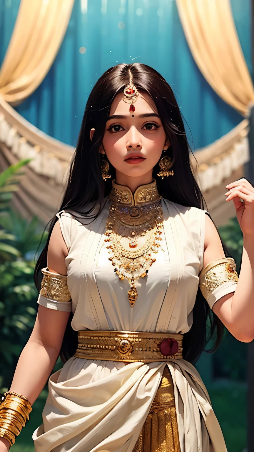 ((best quality)), ((masterpiece)), (detailed), An illustration of an Indian woman surrounded by a dreamy, magical aura standing on a stage speaking while crowd around her listen intently to her voice.