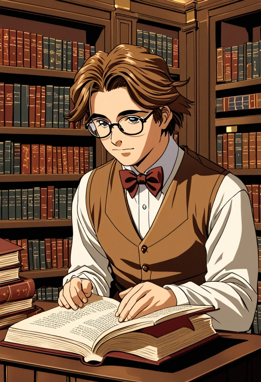 "Create a detailed close-up artwork of a librarian boy in a cozy, old-fashioned library. He should be wearing classic, scholarly attire, such as a vest with a bow tie and glasses perched on his nose. His hair should be neatly styled, and his expression should be focused and thoughtful as he browses through a book. The background should feature shelves filled with ancient, leather-bound volumes, with warm, ambient lighting casting a gentle glow on the scene, creating a scholarly and inviting atmosphere."