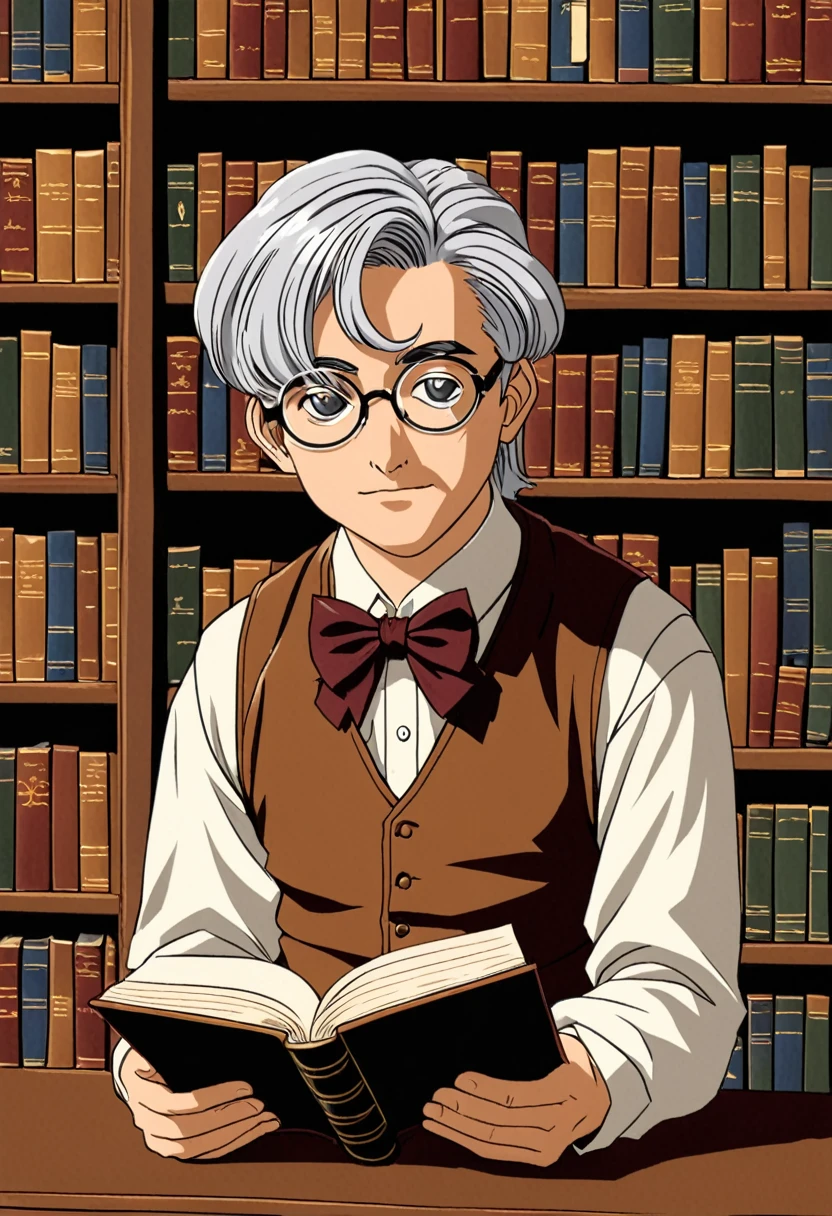 "Create a detailed close-up artwork of a librarian boy in a cozy, old-fashioned library. He should be wearing classic, scholarly attire, such as a vest with a bow tie and glasses perched on his nose. His hair should be neatly styled, and his expression should be focused and thoughtful as he browses through a book. The background should feature shelves filled with ancient, leather-bound volumes, with warm, ambient lighting casting a gentle glow on the scene, creating a scholarly and inviting atmosphere."