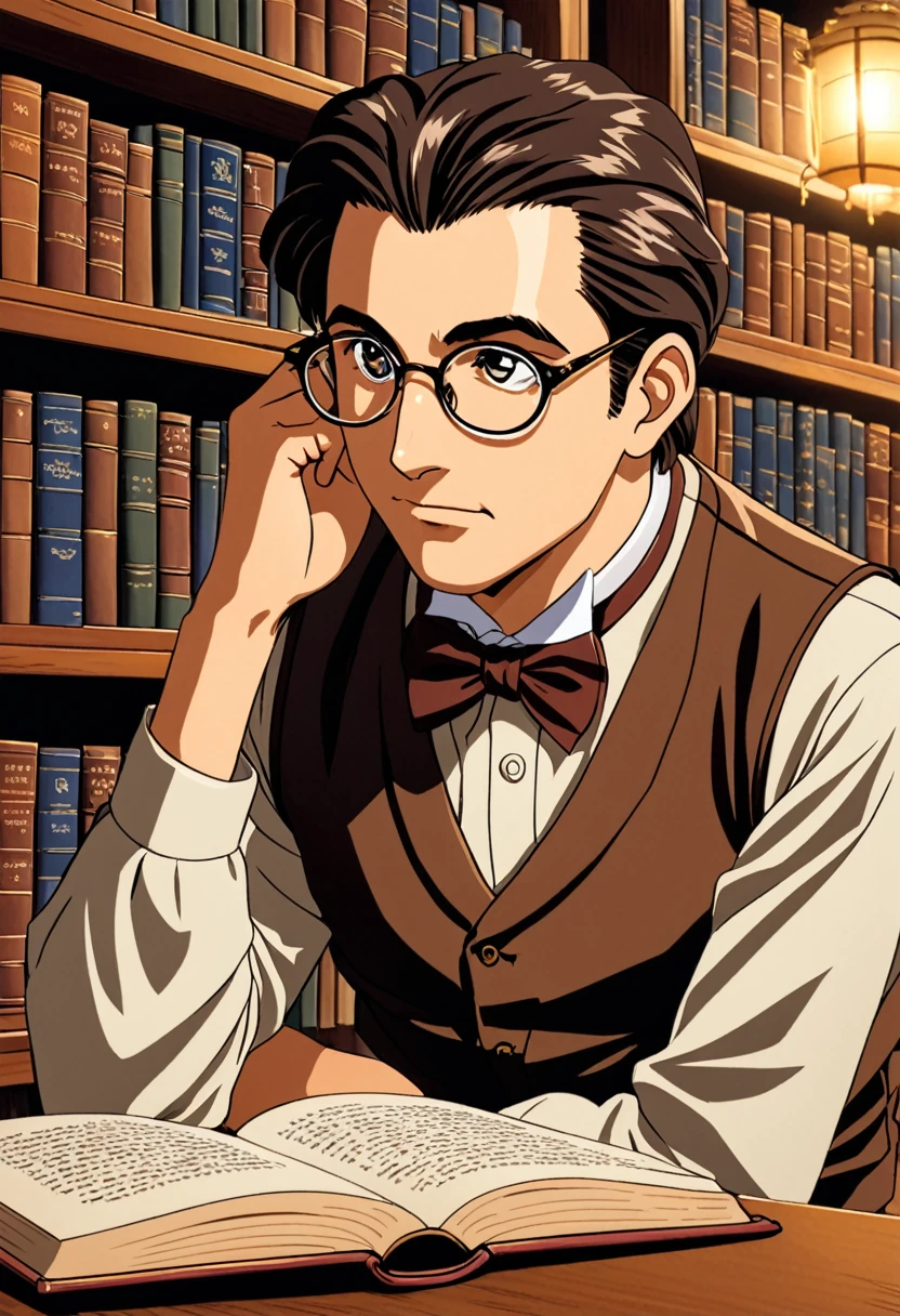 "Create a detailed close-up artwork of a librarian boy in a cozy, old-fashioned library. He should be wearing classic, scholarly attire, such as a vest with a bow tie and glasses perched on his nose. His hair should be neatly styled, and his expression should be focused and thoughtful as he browses through a book. The background should feature shelves filled with ancient, leather-bound volumes, with warm, ambient lighting casting a gentle glow on the scene, creating a scholarly and inviting atmosphere."
