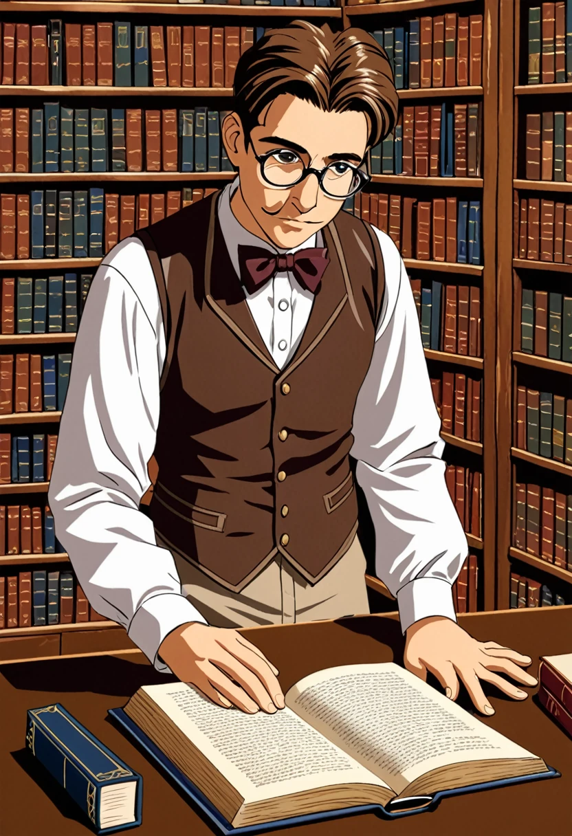 "Create a detailed close-up artwork of a librarian boy in a cozy, old-fashioned library. He should be wearing classic, scholarly attire, such as a vest with a bow tie and glasses perched on his nose. His hair should be neatly styled, and his expression should be focused and thoughtful as he browses through a book. The background should feature shelves filled with ancient, leather-bound volumes, with warm, ambient lighting casting a gentle glow on the scene, creating a scholarly and inviting atmosphere."