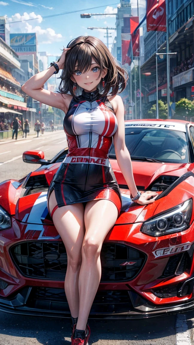 One Woman　Race Queen　Posing for the camera in front of a sports car　High leg　Low - Angle　Cute smile