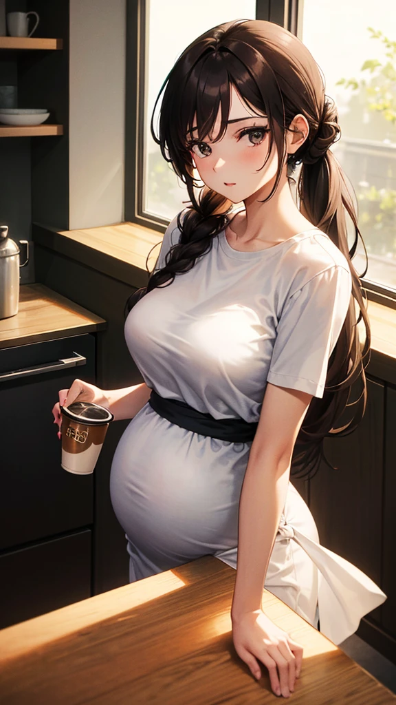 27-year-old woman, one month pregnant, brown hair tied in a long high ponytail , casual dressed, In the kitchen making coffee and talking to a 25-year-old man, black fur , black eyes, casual dress too "photorealist"