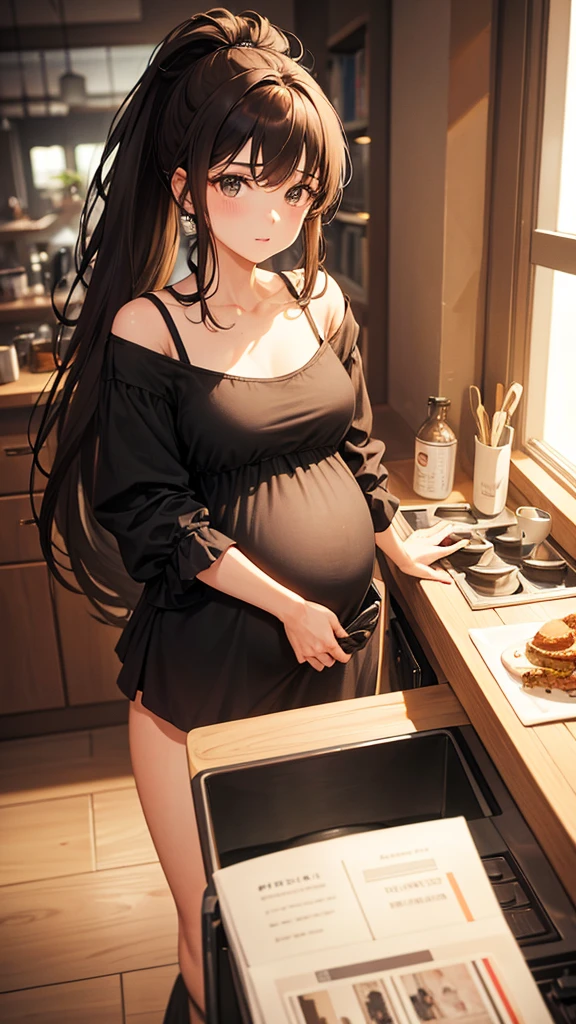 27-year-old woman, one month pregnant, brown hair tied in a long high ponytail , casual dressed, In the kitchen making coffee and talking to a 25-year-old man, black fur , black eyes, casual dress too "photorealist"
