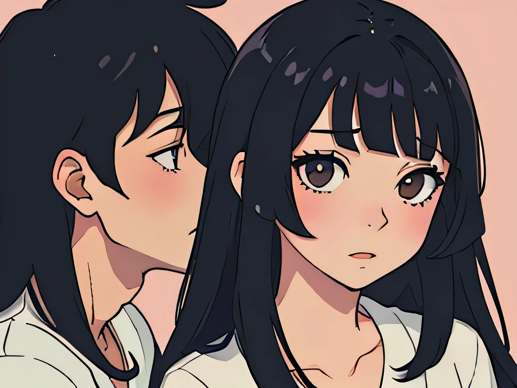 perfect anime illustration, side view illustration of a girl having long black hair with bangs, detailed, touching a boys face, kissing him,looking at him seductively