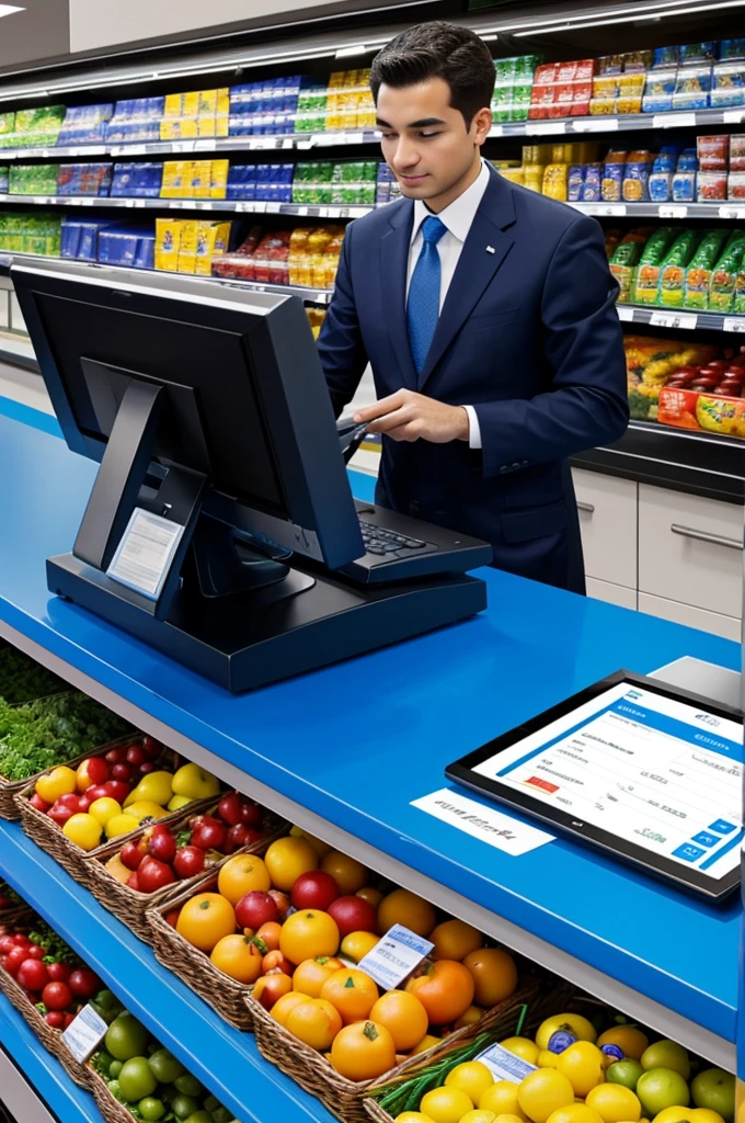 Best Quality, Can you give me an employee using a point of sale on a computer with blue backgrounds in a grocery store, but the employee is behind the point of sale
