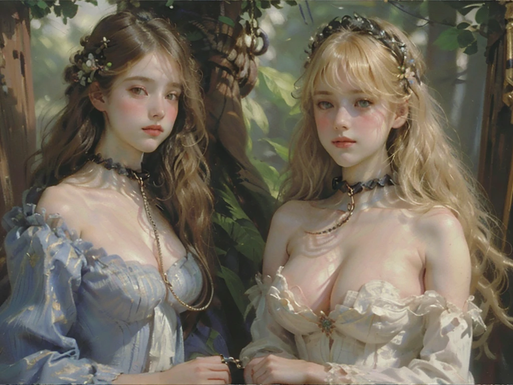 2girls,pov, women, seductive stare, ((((linked collar, collar linked together, collars linked, linked together)))), ((18 yo, detailed face, feminine skin)) , fit , (young) , beautiful , (((pale skin, wavy blonde hair))), dreamy, loving stare, bright magical fairytale fantasy atmosphere, sexy, flowers in hair, surrounded by flowers, happy, playful, ((big soft heavy breasts, busty cleavage, maid, huge tits)), in love, magical mist energy, hair flower, blush, pretty, elegant, cute, youthful, , teen, choker, collar, ((huge hanging boobs)), (((Baroque court dress, fantasy, aesthetic of softness and gentleness and innocence and fertility, ruby necklace)))