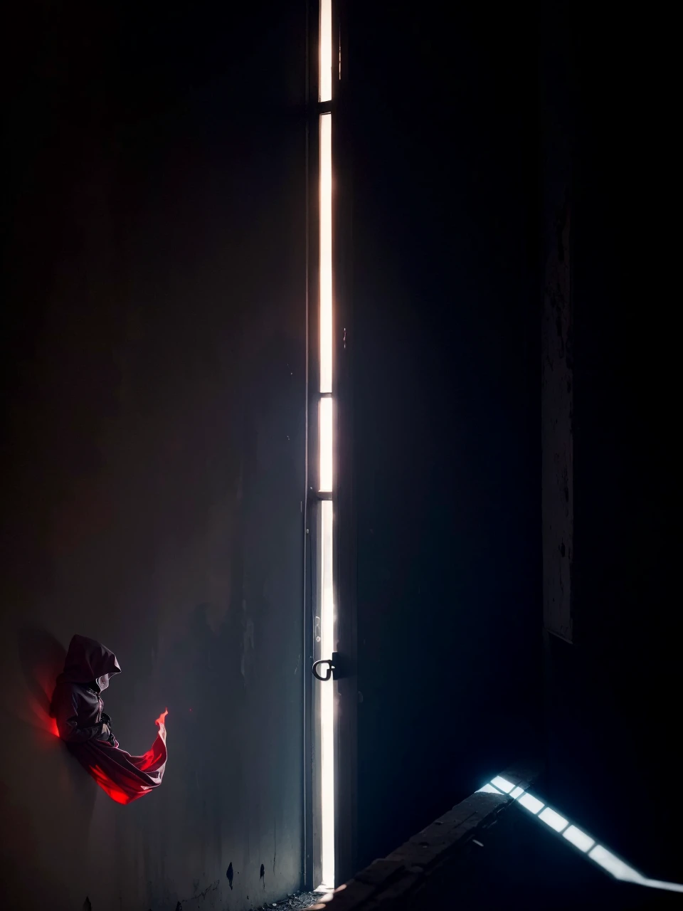 take a picture from a small gap, and saw a red ghost, wispy translucent body, mysterious aura, cinematic lighting, dark moody atmosphere, high contrast, dramatic shadows, gothic horror, dark fantasy