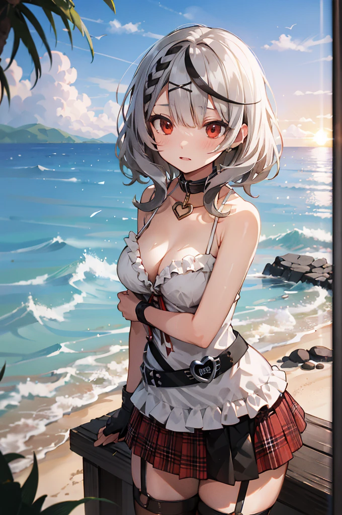 masterpiece, best quality,facedetail,highly detailed face,highly detailed eyes,
1girl, solo, red_eyes, sakamata chloe, garter straps, black fingerless gloves, torn thighhighs, grey hair, multicolored hair, plaid skirt, streaked hair, cleavage, x hair ornament, black hair, red skirt, black collar, white camisole, medium breasts, braid, black_belt, medium hair,
Sea rafting, shipwreck, tropical island, cabin, balcony, sunset, beach, waves, coconut tree, green leaves, brown trunk, sea bird, reef, conch, shell, coral, starfish, seaweed, shallow beach, sea water, coastline, sound of waves, sparkling, blue sky and white clouds, orange sunset, golden hour, distant sea, isolated island, wildlife, tropical scent, silence,