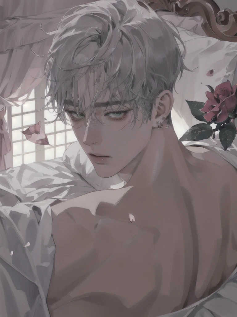 1 Boy, Portrait, earring, alone,lips, focus man, green eyes, looking at the audience, gray hair, short hair, gag, anime boy lying on the bed with rose petals, wet body, bed, Without any clothes except underwear, High quality fan art, fiery expression, beast, at Pixieve, Official fan art, Pixieve, Detailed fan art, relax, Levi Ackerman, in in the bedroom, relax environment, relax mood, By Shinkei, anime about beauty, relax concept art, wet cartoon boy, with rose petals on the bed, beautiful atmosphere, hot anime boy, cute, beautiful body art, hot pose, beautiful, ใบหน้าbeautiful, cute ใบหน้าbeautiful, big cute eyes, beautiful expression