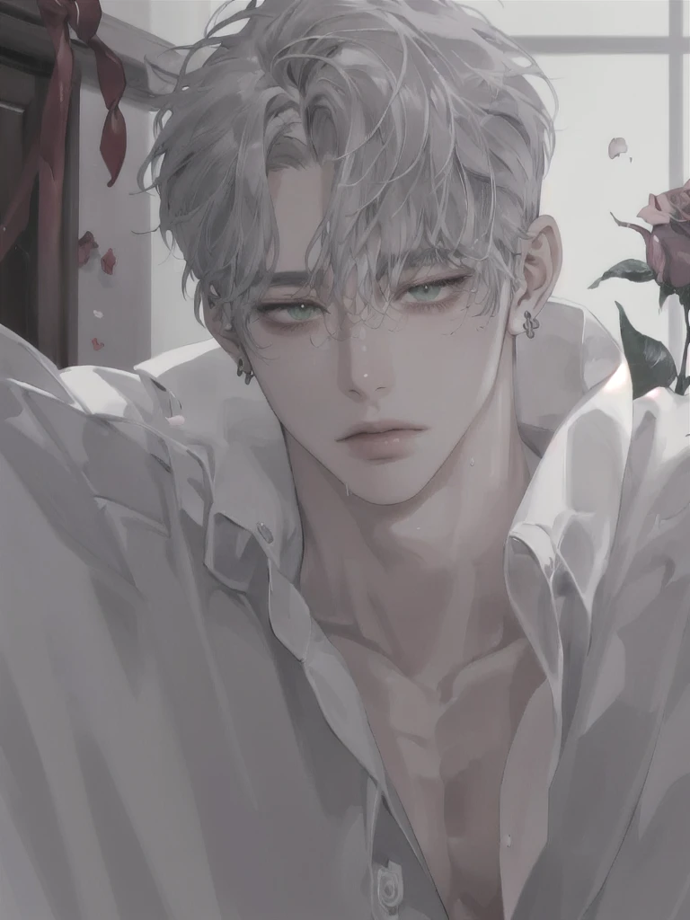 1 Boy, Portrait, earring, alone,lips, focus man, green eyes, looking at the audience, gray hair, short hair, gag, anime boy lying on the bed with rose petals, wet body, bed, Without any clothes except underwear, High quality fan art, fiery expression, beast, at Pixieve, Official fan art, Pixieve, Detailed fan art, relax, Levi Ackerman, in in the bedroom, relax environment, relax mood, By Shinkei, anime about beauty, relax concept art, wet cartoon boy, with rose petals on the bed, beautiful atmosphere, hot anime boy, cute, beautiful body art, hot pose, beautiful, ใบหน้าbeautiful, cute ใบหน้าbeautiful, big cute eyes, beautiful expression
