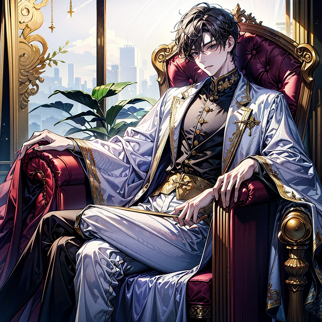 masterpiece, 8k, best quality, extremely detailed, Sitting on king's chair, pompous, aristocrat, beautiful man, luxurious, leaning back, oriental clothing, gold decoration, dragon embroidery, full body, Black