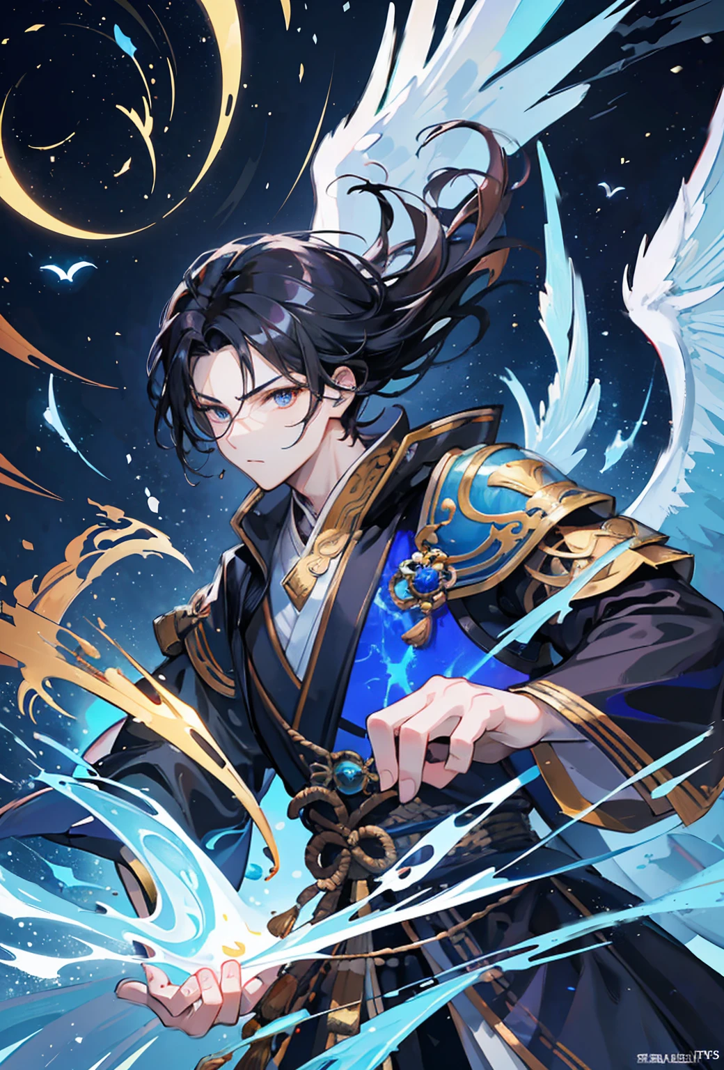 This is a carefully designed fantasy portrait，Depicts a man of great stature、Strong-willed、A seventeen-year-old boy with spiritual energy, A huge bright blue light appeared behind him., Shiny black hair, Dragons and phoenixes fly, Golden Light, Chinese martial arts styles.