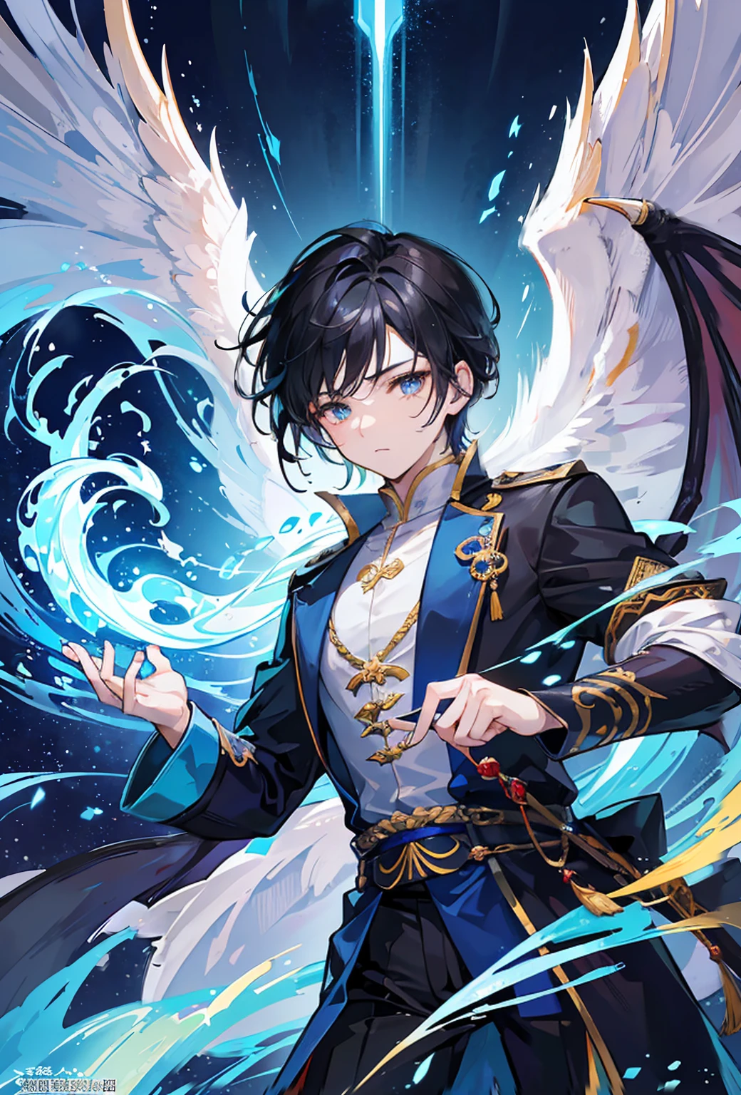 This is a carefully designed fantasy portrait，Depicts a man of great stature、Strong-willed、A seventeen-year-old boy with spiritual energy, A huge bright blue light appeared behind him., Shiny black hair, Dragons and phoenixes fly, Golden Light, Chinese martial arts styles.