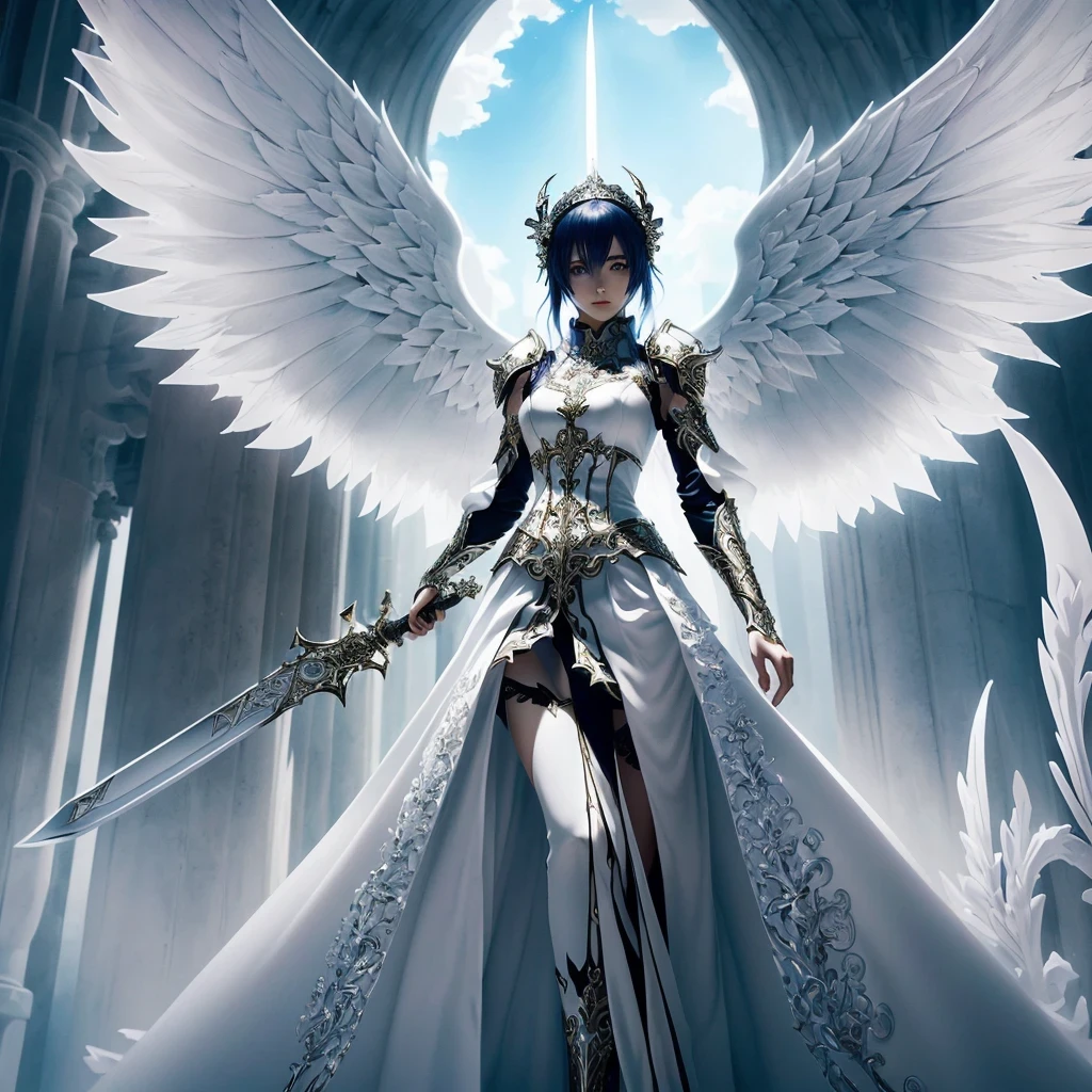 a woman in a white dress holding a sword and a sword, intricate ornate anime cgi style, girl angel knight, anime fantasy artwork, Angel Knight Gothic Girl, 2. 5 d cgi anime fantasy artwork, beautiful fantasy anime, highly detailed fantasy art, epic anime art, detailed fantasy art, elegant cinematic fantasy art, breathtaking fantasy art, epic angel wings, beautiful fantasy art