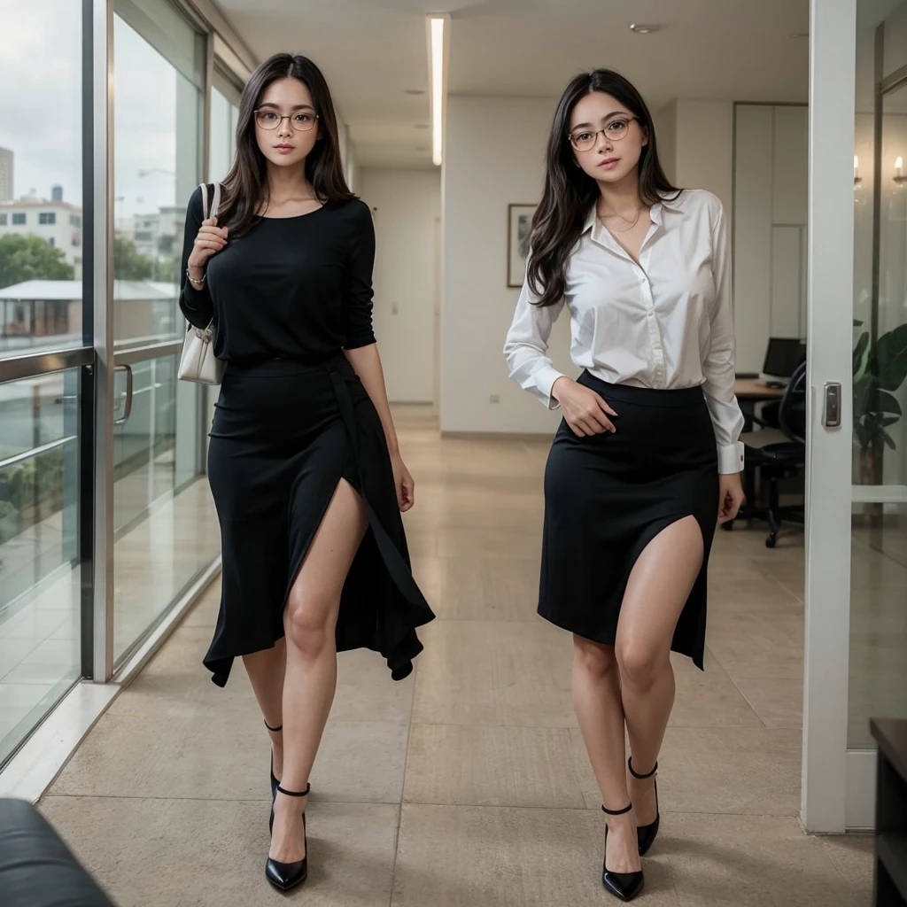 a one woman, age 25, delicate face mysterious symmetrical beautiful, realisitic, 4k photography, skin fair, Full mouth, ssmile, long dark hair, walkin, paisagem realisitic, medium waist, wide hip, thick legs, Latin traits, formal discreet clothing, standing, DESK, attractive look, businesswoman, glasses, social shirt, long formal skirt, heel shoe, executive, alone, breasts big, short in stature