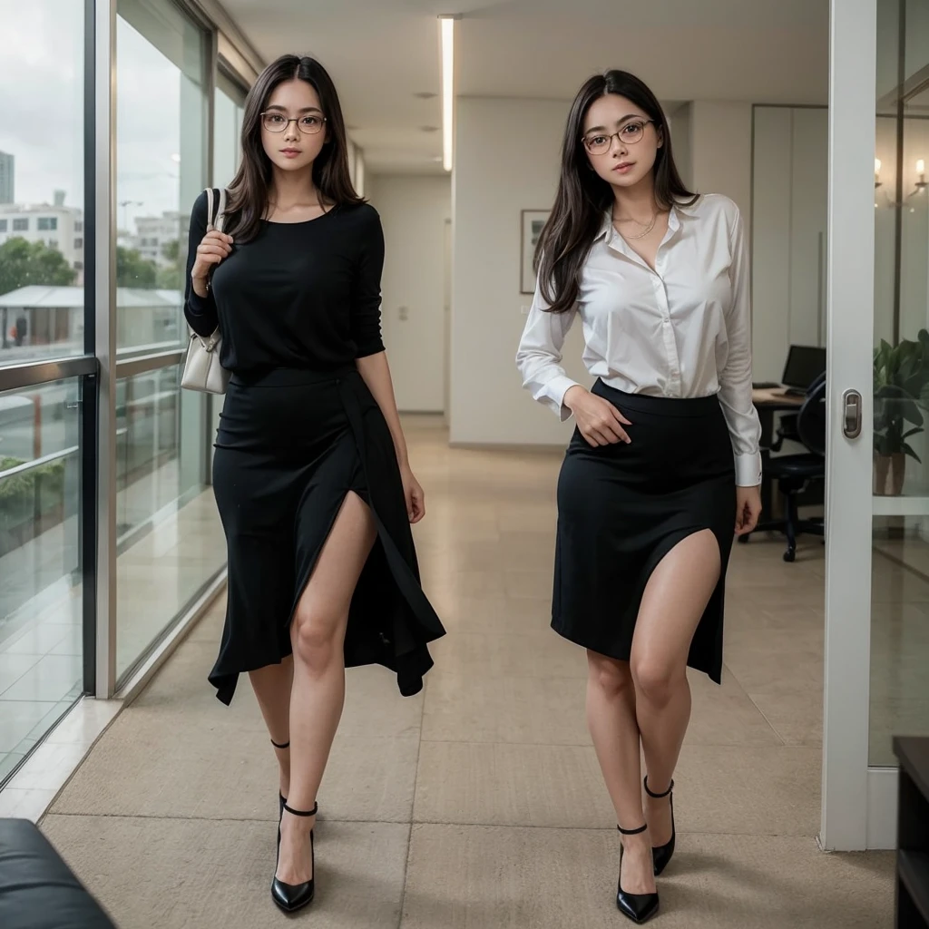 a one woman, age 25, delicate face mysterious symmetrical beautiful, realisitic, 4k photography, skin fair, Full mouth, ssmile, long dark hair, walkin, paisagem realisitic, medium waist, wide hip, thick legs, Latin traits, formal discreet clothing, standing, DESK, attractive look, businesswoman, glasses, social shirt, long formal skirt, heel shoe, executive, alone, breasts big, short in stature
