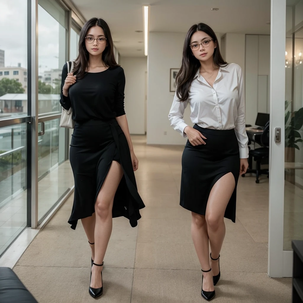 a one woman, age 25, delicate face mysterious symmetrical beautiful, realisitic, 4k photography, skin fair, Full mouth, ssmile, long dark hair, walkin, paisagem realisitic, medium waist, wide hip, thick legs, Latin traits, formal discreet clothing, standing, DESK, attractive look, businesswoman, glasses, social shirt, long formal skirt, heel shoe, executive, alone, breasts big, short in stature