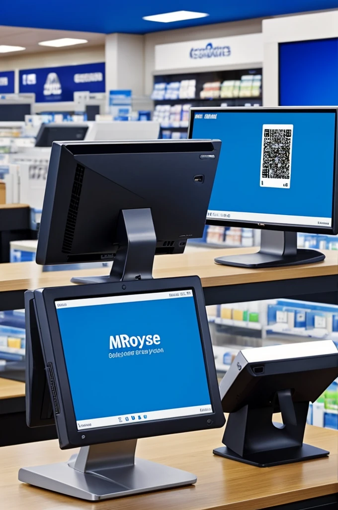 Best Quality, Can you give me an employee using a point of sale on a computer with blue backgrounds in a store, but the employee is behind the point of sale, but the job is on your back