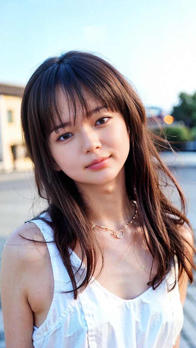 ((((detailed explanation)))),(((masterpiece、Highest quality、Very detailed:1.42、Focus on the eyes)))、Female in her late teens、Portraiture、Blurred cityscape at dusk、Silhouette of buildings and street lights Long dark brown hair、natural wavy curls、The wind is blowing softly、Hair falls down the side of the face、Skin is smooth、Healthy olive color、The tan lines are faintly visible、Natural redness on the cheeks、I have a few small laugh lines on my forehead.、Eyes with dark brown irises、The pupil is shining, Reflect light、Long curled eyelashes、Accentuate the eyes、Eyebrows are thin and trimmed、Natural Arch、Small Nose、straight、straight nose、lips are plump、soft pink lip gloss、Ultra-thin camisole、Barefoot and bare legs、A simple silver bracelet on her right wrist、A small diamond earring sparkles in her left ear...、The expression is calm、Be confident、smile、(((Emphasize the contrast between light and shadow)))、Realistic textures and facial details