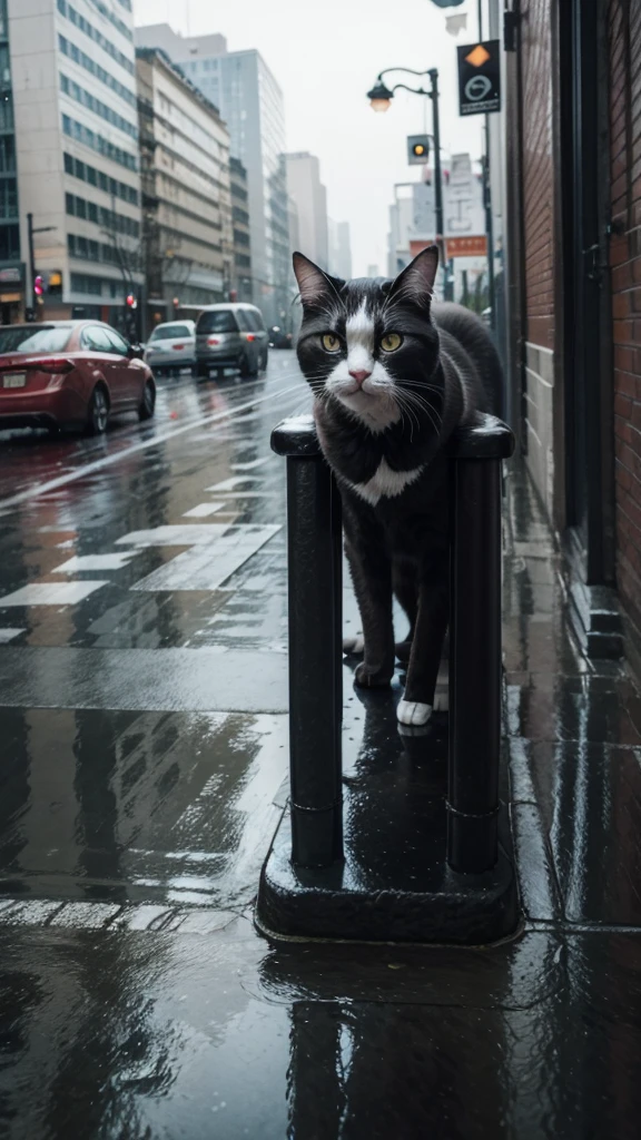 Cat in the rain in the city 