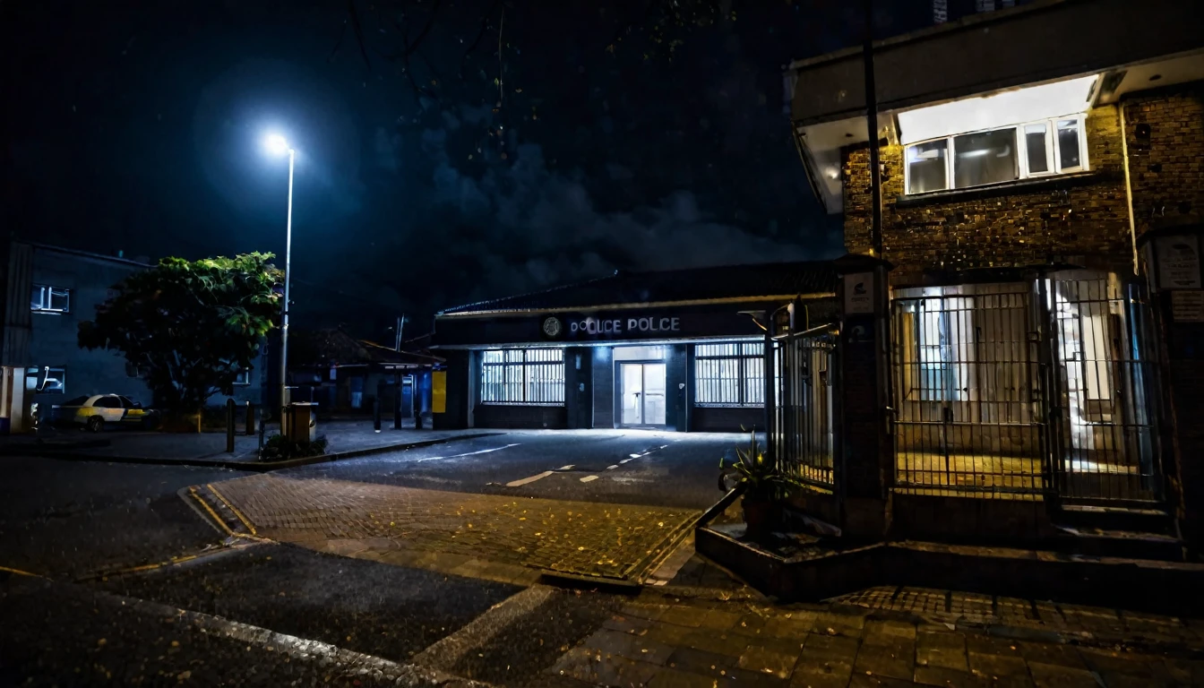 first person view, outside the police station, dark night, tense atmosphere, no people in the place