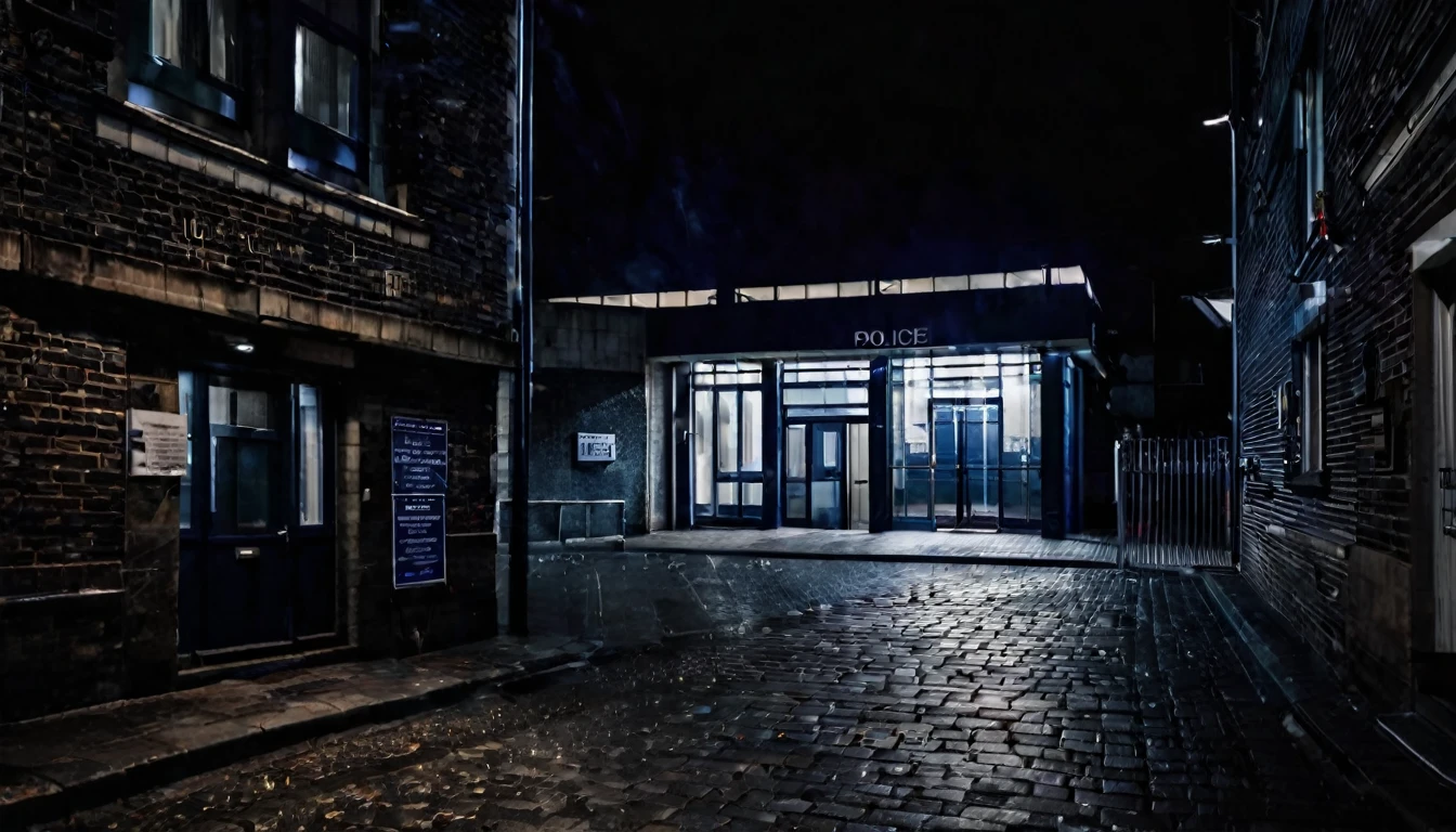first person view, outside the police station, dark night, tense atmosphere, no people in the place