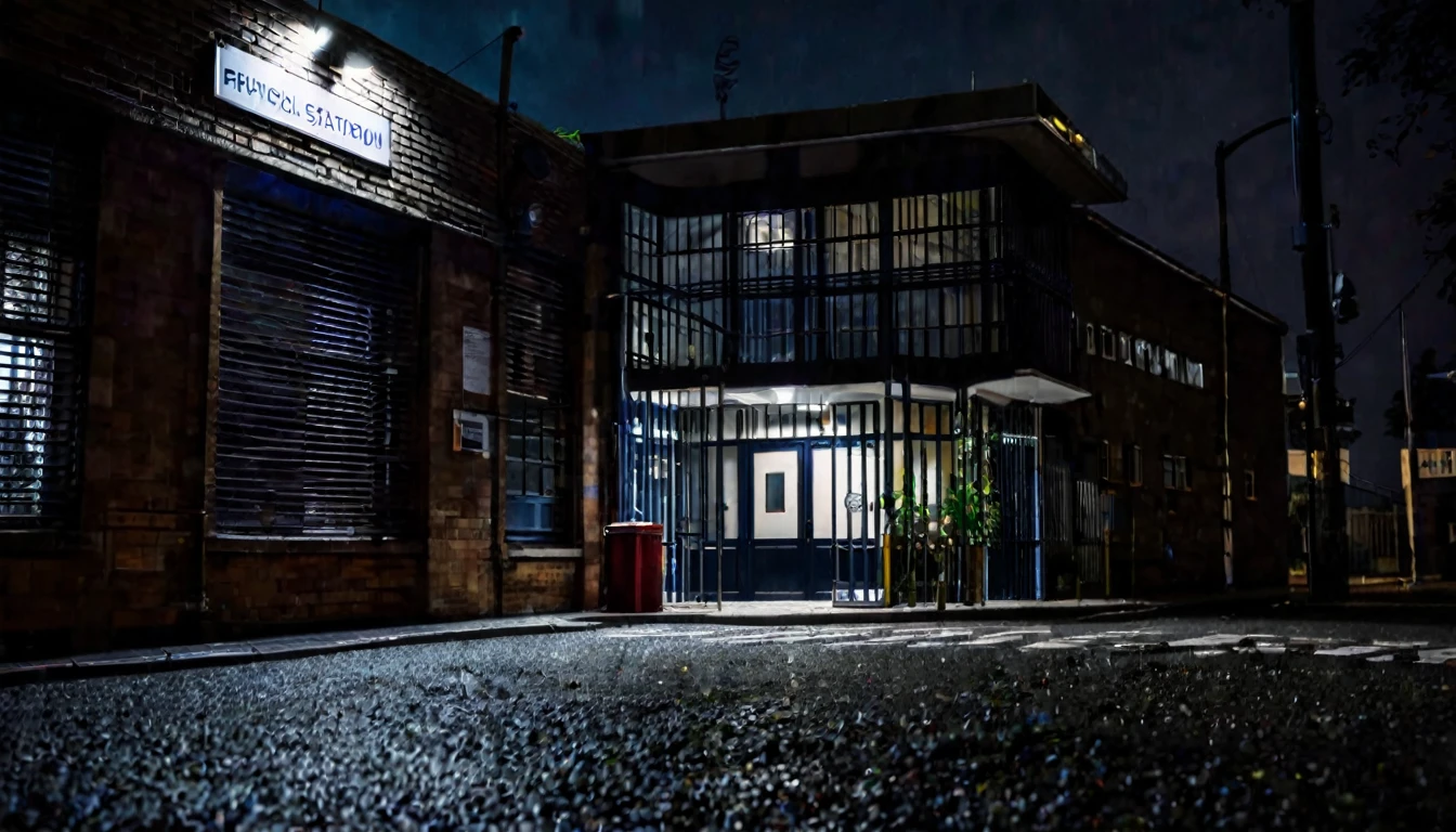 first person view, outside the police station, dark night, tense atmosphere, no people in the place