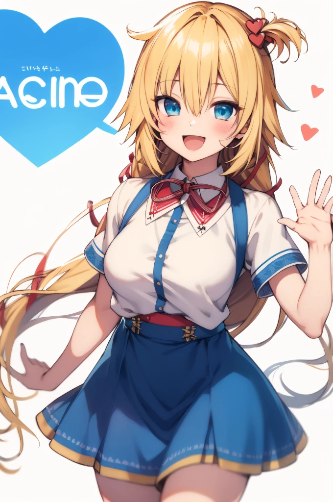 masterpiece, akai haato, hololive, 1girl, bangs, blonde hair, blue eyes, blush,big breasts, collared shirt, hair between eyes, hair ornament,heart, heart hair ornament, long hair, , neck ribbon, one side up, red ribbon, ribbon, shirt, short sleeves, sidelocks, simple background, smile, solo, sparkle, virtual youtuber, white background, white shirt, cowboy shot, :d, blue skirt,v,waving