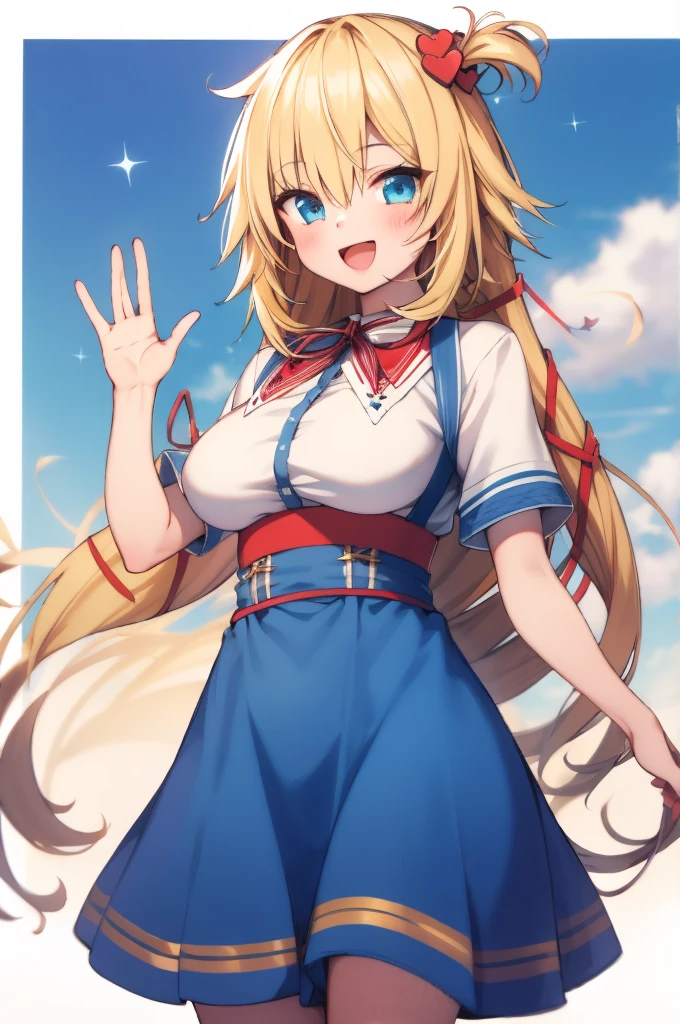 masterpiece, akai haato, hololive, 1girl, bangs, blonde hair, blue eyes, blush,big breasts, collared shirt, hair between eyes, hair ornament,heart, heart hair ornament, long hair, , neck ribbon, one side up, red ribbon, ribbon, shirt, short sleeves, sidelocks, simple background, smile, solo, sparkle, virtual youtuber, white background, white shirt, cowboy shot, :d, blue skirt,v,waving