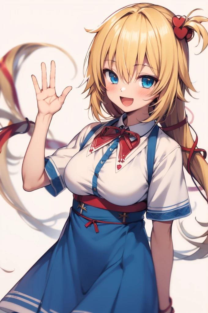 masterpiece, akai haato, ho****ve, 1girl, bangs, blonde hair, blue eyes, blush,big breasts, collared shirt, hair between eyes, hair ornament,heart, heart hair ornament, long hair, , neck ribbon, one side up, red ribbon, ribbon, shirt, short sleeves, sidelocks, simple background, smile, solo, sparkle, virtual youtuber, white background, white shirt, cowboy shot, :d, blue skirt,v,waving