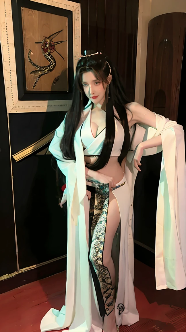 (masterpiece), best quality, expressive eyes, perfect face, Benisato, kunoichi, snakes tattooed, She is a tall and matured woman with a slender curvaceous build with long legs and arms, Although a ninja herself, Benisato has the appearance of a beautiful and seductive geisha, She has porcelain skin and long dark hair tied back in a coif with a hairpin and traditional comb, Benisato is covered in serpent tattoos that come alive when she uses her powers and will usually appear naked during a battle to throw off her male victims, She wears traditional Japanese geisha robes, full body, pants, long sleeves, vest, sandals, kimono, Hongli