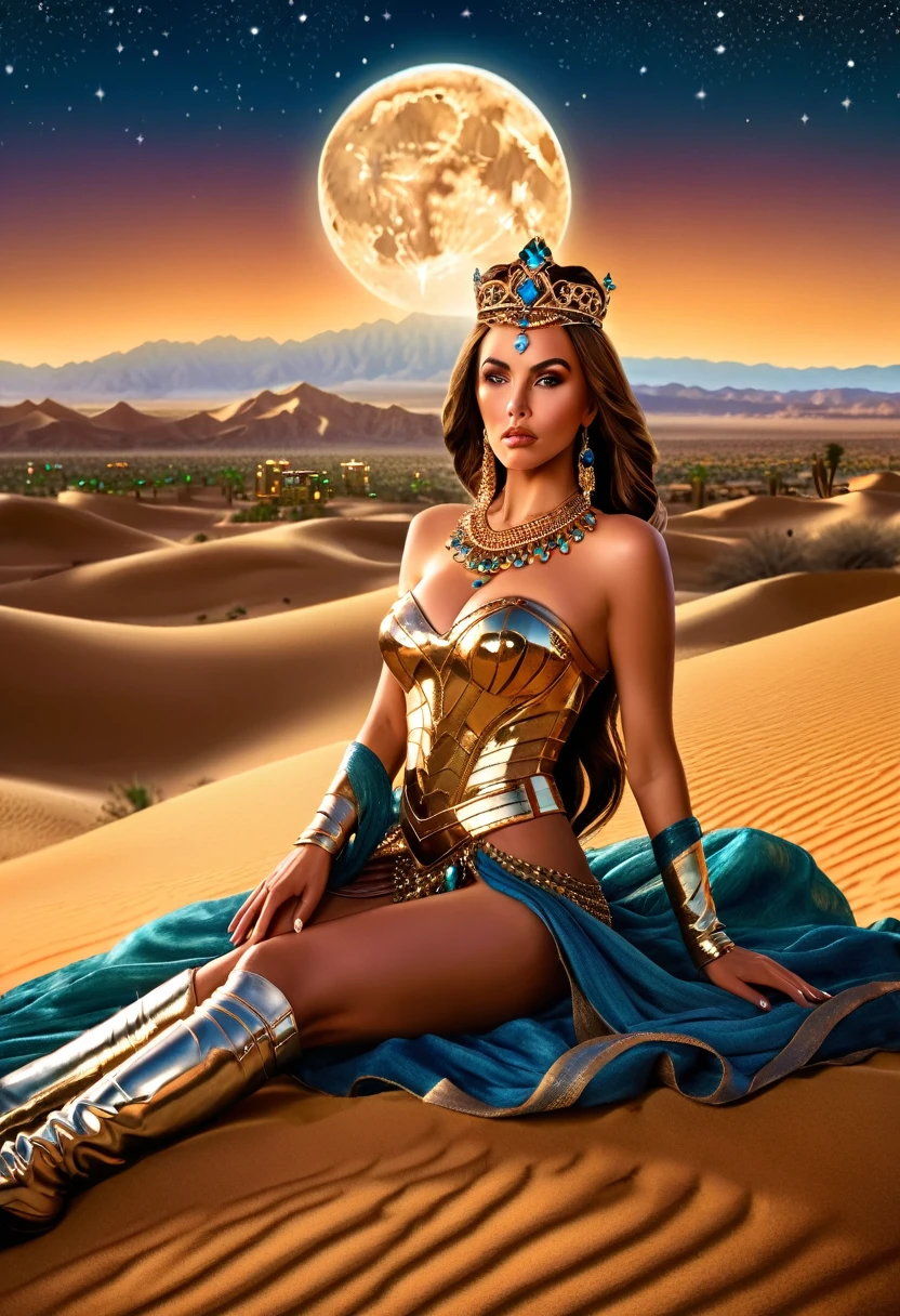 Arafed digital painting of a desert princess BREAK and her epic pet cougar in her palace high details, best quality, 16k, f a female human princess and her pet cougar, princess of the desert, full body, ((anatomically correct: 1.5)) ((standing: 1.5)) proudly royalty demeanor, a woman, (best detailed face: 1.5), Ultra Detailed face, ((human ears: 1.3)), wearing royal desert dress, decorated with gems, wearing princess tiara, small cleavage, thigh high intricate leather high heeled boot, thick hair, long hair, brown hair, tan skin intense brown eyes, her epic desert (cougar : 1.3) lying at her feet, guarding her, an epic fantasy desert palace in an oasis in the background (intricate details, Masterpiece, best quality: 1.5) night, moon light, stars ,Wide-Angle, award winning, best quality, high quality, high details, highres, vibrant, Ultra-high resolution, High Contrast, (masterpiece:1.5), highest quality, Best aesthetics, best details, best quality, highres, ultra wide angle, 16k, [ultra detailed], masterpiece, best quality, chumbasket art style, Cinematic Hollywood Film, 