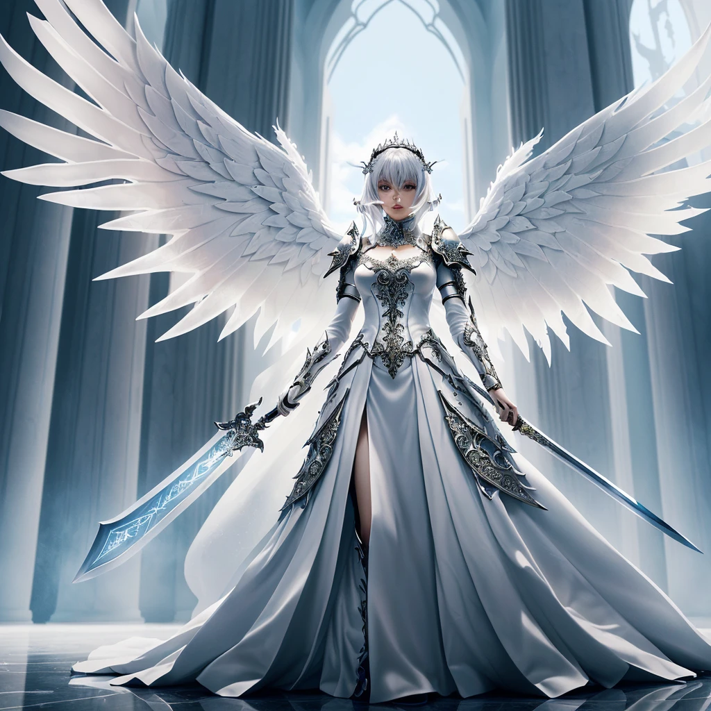 a woman in a white dress holding a sword and a sword, intricate ornate anime cgi style, girl angel knight, anime fantasy artwork, Angel Knight Gothic Girl, 2. 5 d cgi anime fantasy artwork, beautiful fantasy anime, highly detailed fantasy art, epic anime art, detailed fantasy art, elegant cinematic fantasy art, breathtaking fantasy art, epic angel wings, beautiful fantasy art