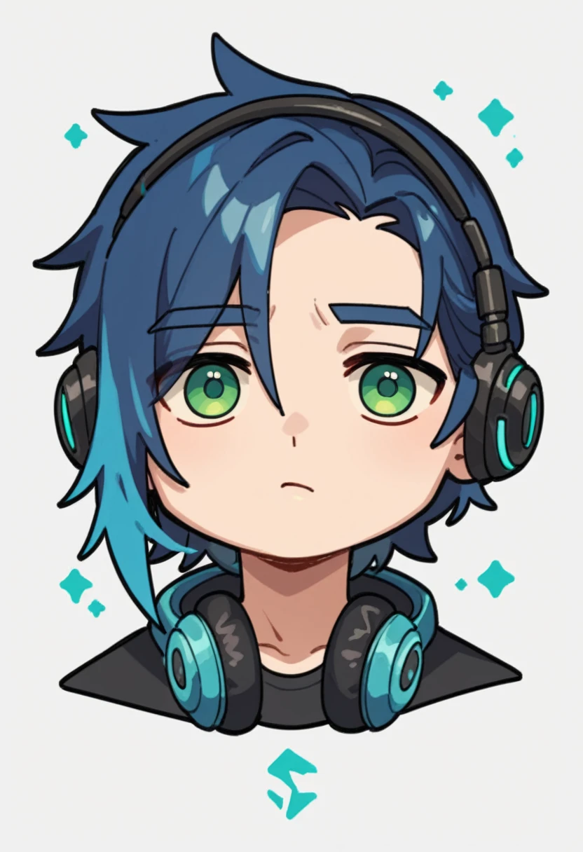 Expressiveh, chibiIcon, cartoon, 1male, very dark blue hair, medium length hair, depressed mood, headphones , green eyes, chibi style, blue and neon pink colored details,